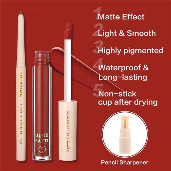 Lipstick Makeup Kit, 6 Matte Liquid Lip Sticks + 6 Lip Liner Pens + 1 Lip Primer - Picture 6 of 7